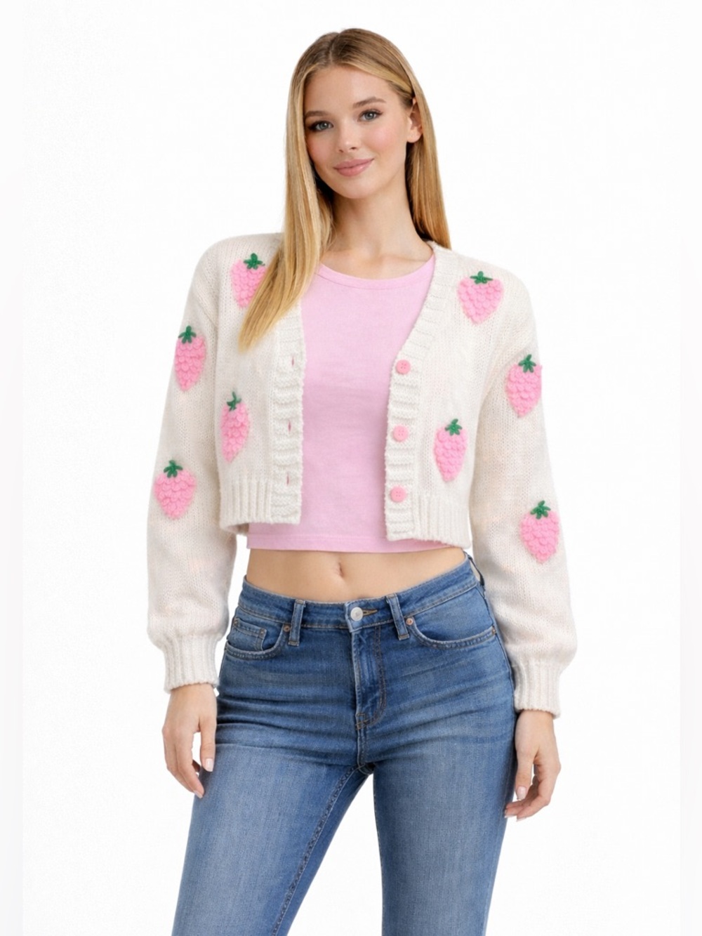 Kawaii Strawberry Chunky Knit Cardigan Womens Small Cream Cottagecore Coquette